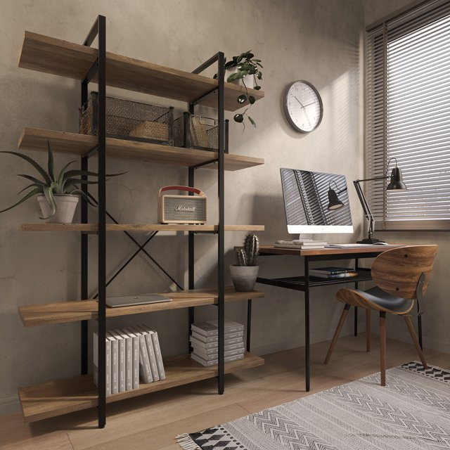 BELLEZE 5 Tier Modern Rustic Industrial Bookshelf - Hazel (Rustic Oak)