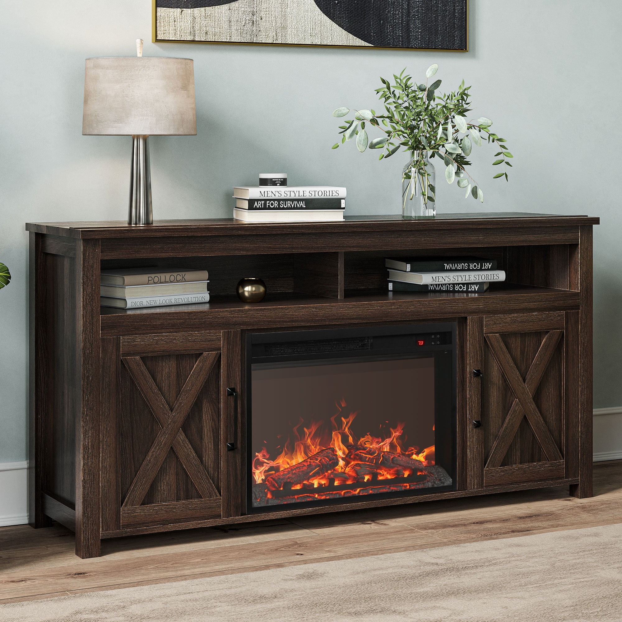 BELLEZE 58" Barn Door TV Stand Media Entertainment Center For TVs up to 65" wiht 23" Fireplace - Corin (Dark Walnut)