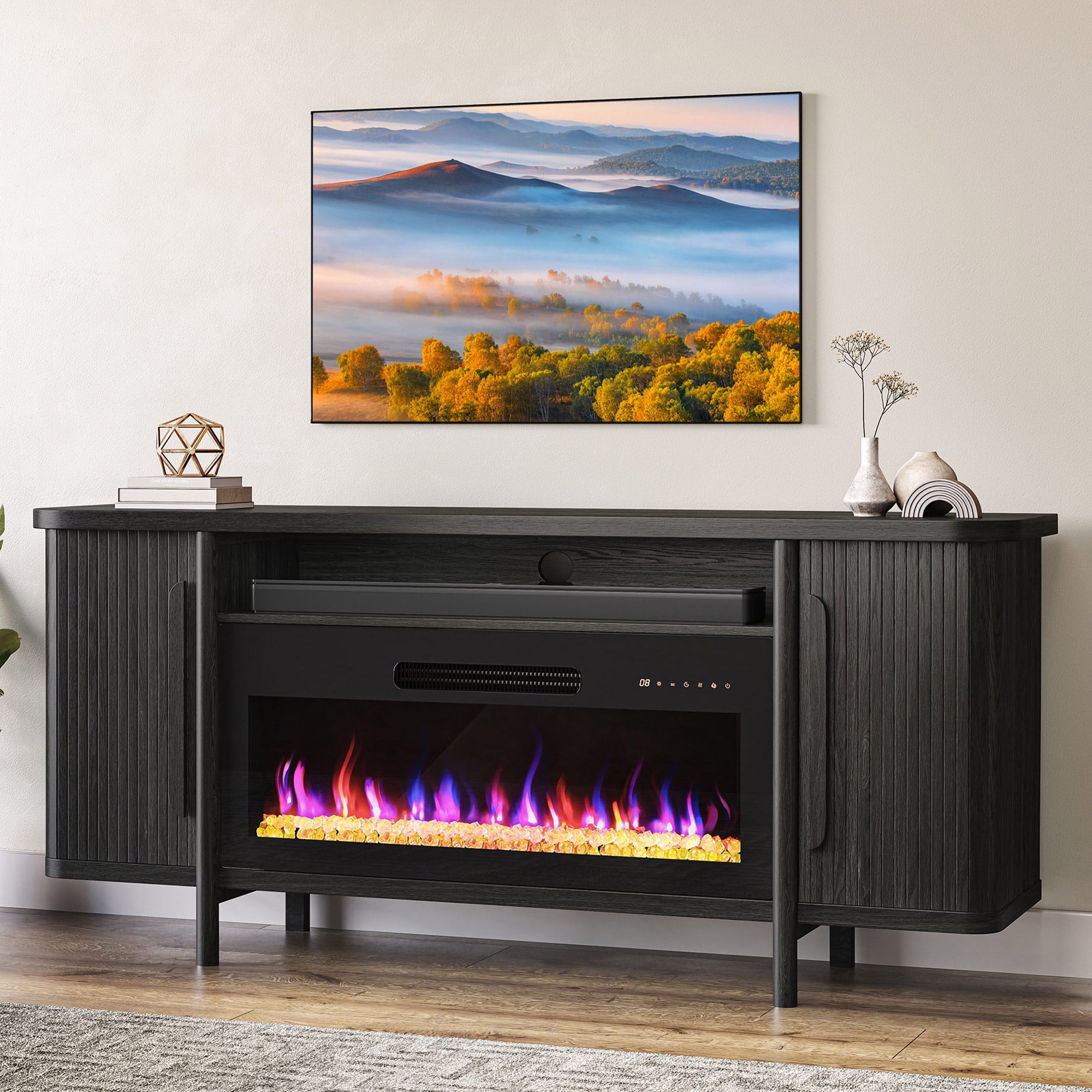 BELLEZE Durable Adjustable Shelves Television Stands, Wood Black, 66.00 x 15.40 x 30.20 Inches
