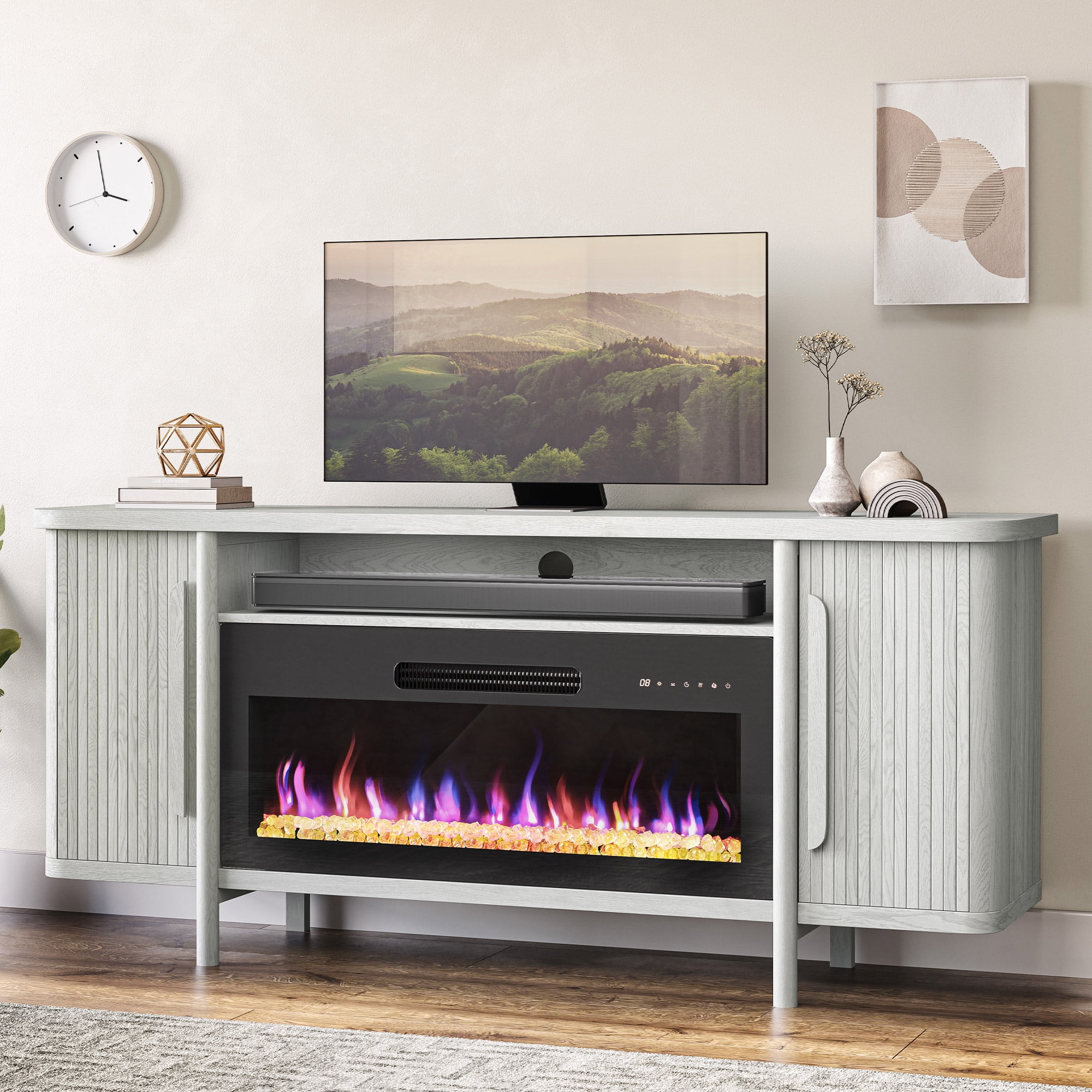BELLEZE 66" TV Stand with 36" Electric Fireplace, Wood Console Table for TVs up to 75 Inches, Entertainment Center with Storage Cabinets for Living Room, Bedroom - Portman (White Sand)