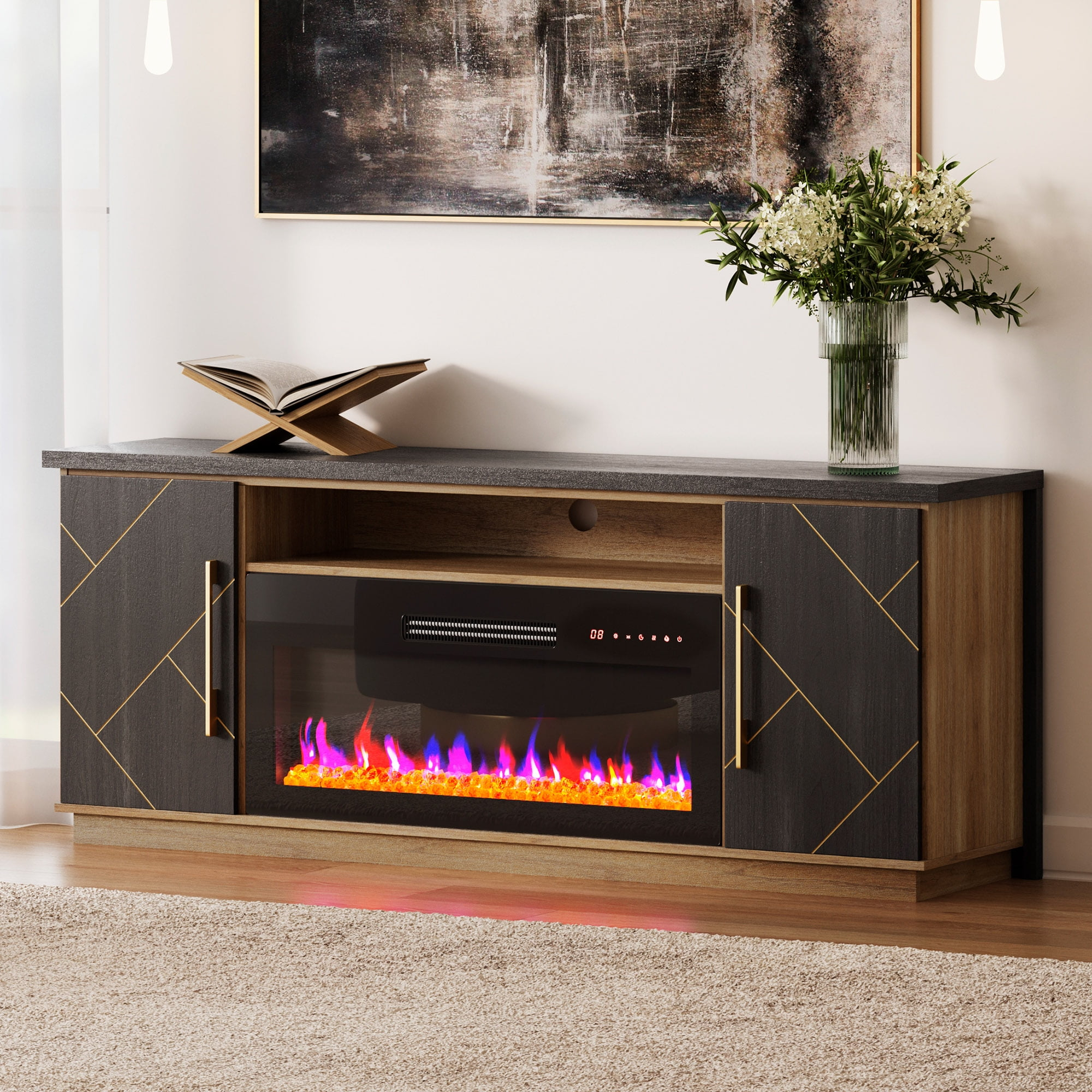 BELLEZE 68 Inch Electric Fireplace TV Stand With Gold Grim, Elegant Entertainment Center With Storage, Media Console With Drawers & Open Shelves for Living Room, Bedroom Home Theater (Espresso Black)