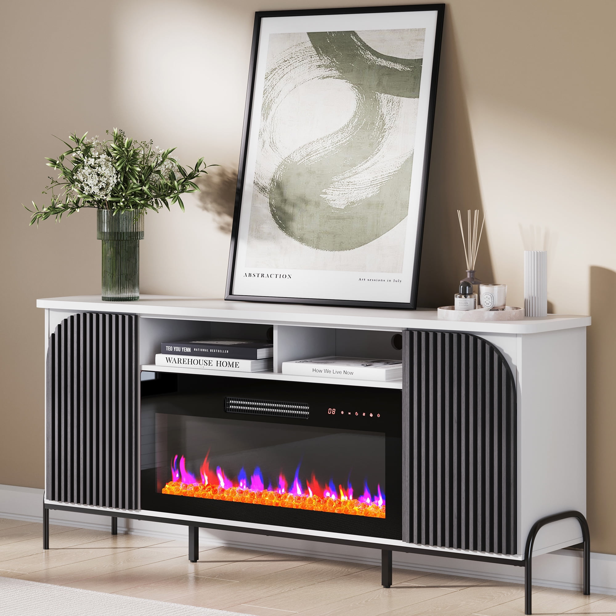 BELLEZE 68 Inch Fluted TV Stands with 36" Electric Fireplace, Modern Fluted Entertainment Center with Open Storage Shelves& Cabinets, Media Console TV Cabinet For Living Room Bedroom (White)