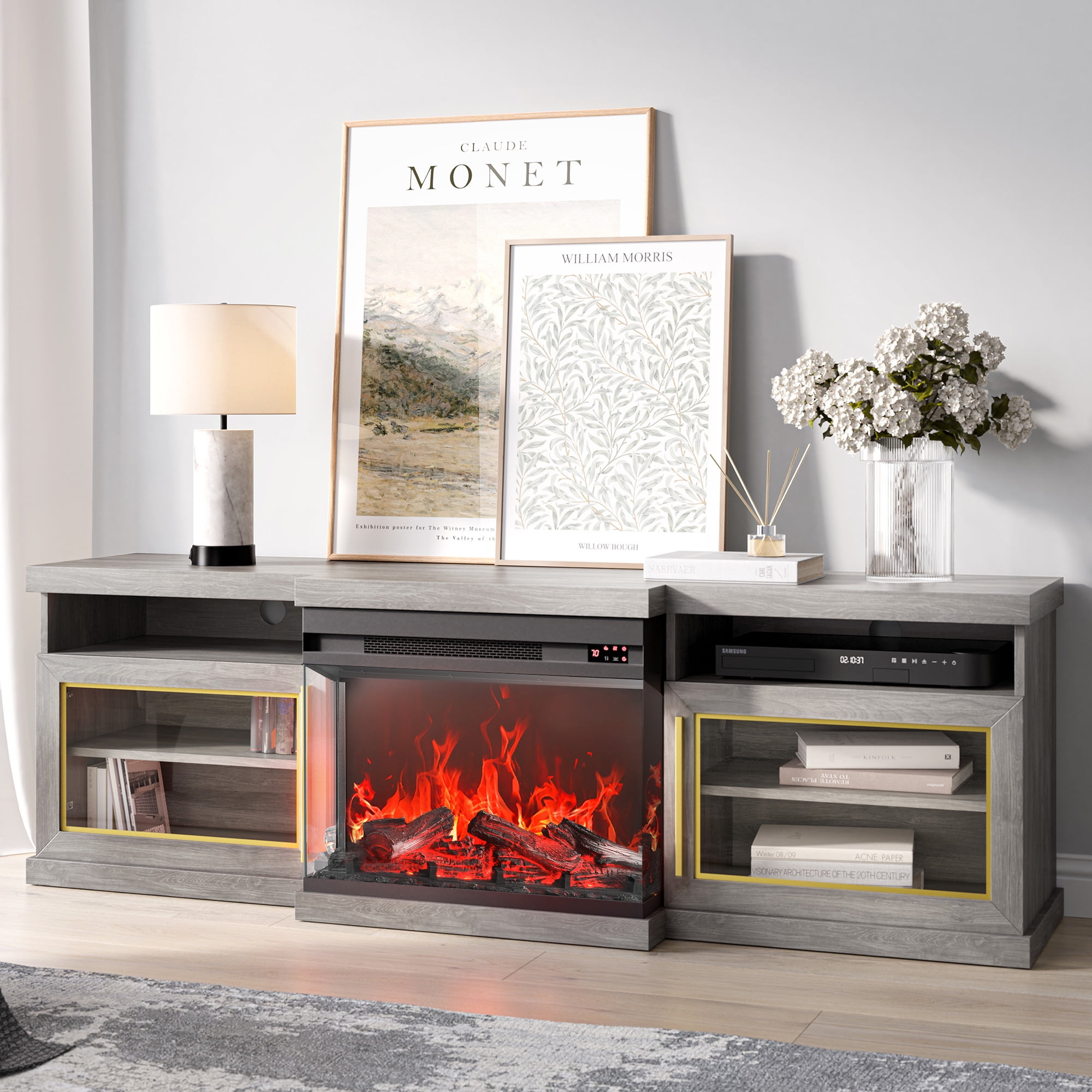 BELLEZE 68" TV Stand with 23" Electric Fireplace, Entertainment Center for TVs Up to 75", Glass Door Storage Cabinet with 3-Side Glass Display Fireplace for Living Room, Bedroom - Bardot (Grey)