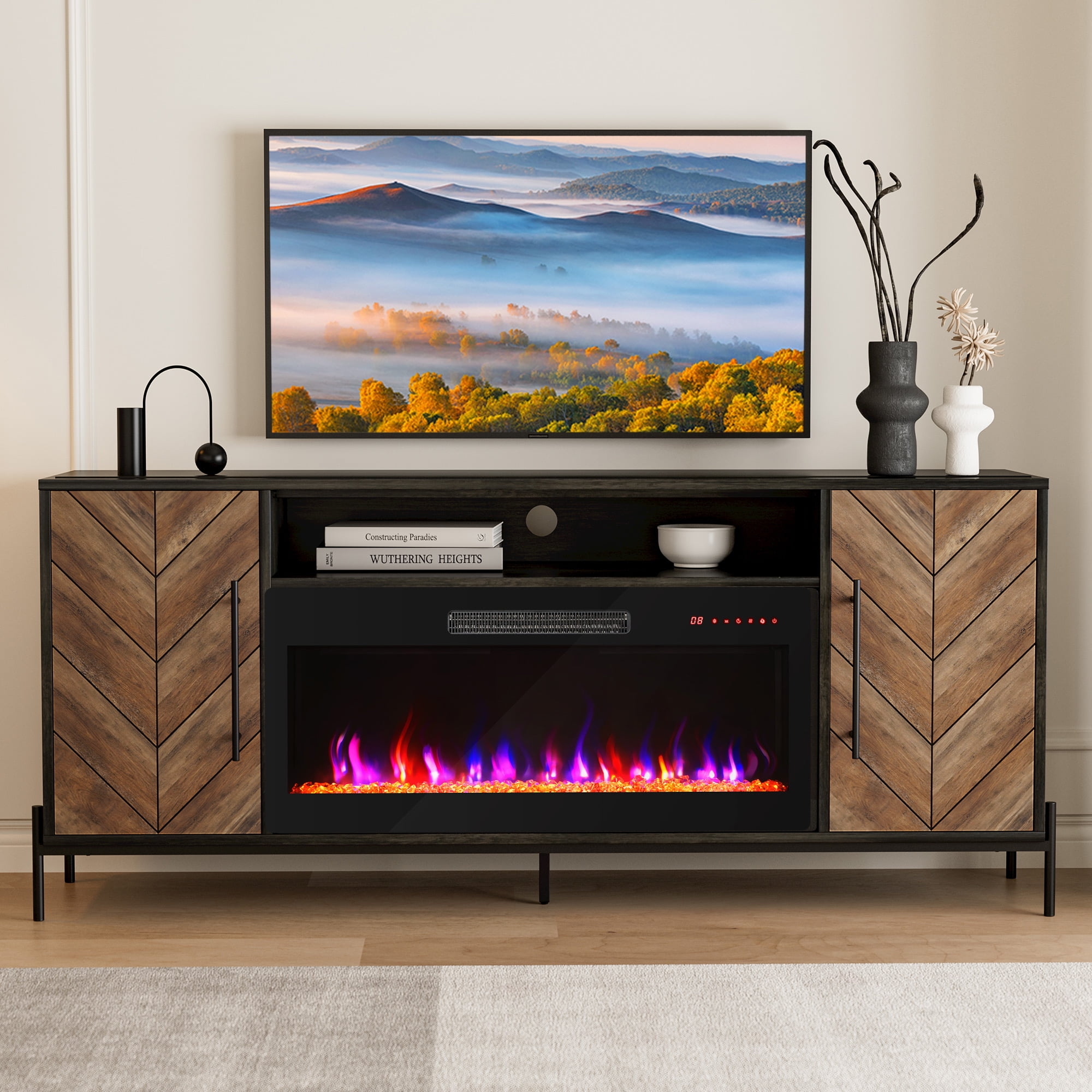 BELLEZE 68" Wood TV Stand with 36" Electric Fireplace, Entertainment Center with Storage Cabinet, Console Table for TVs up to 75 Inches, for Living Room, Bedroom - Harper (Black Ebony)