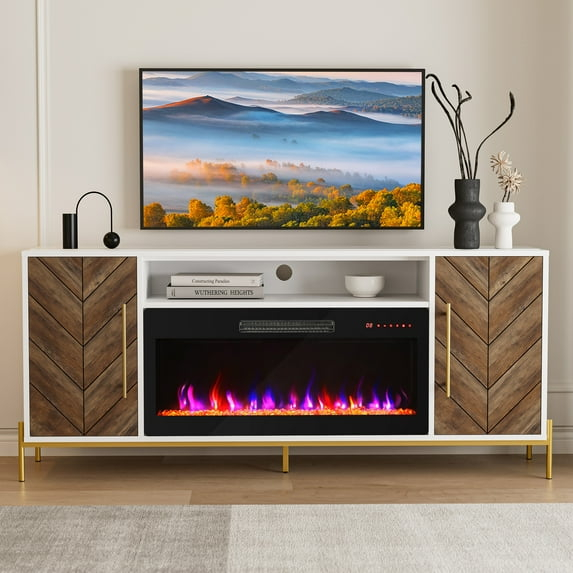 BELLEZE 68" Wood TV Stand with 36" Electric Fireplace, Entertainment Center with Storage Cabinet, Console Table for TVs up to 75 Inches, for Living Room, Bedroom - Harper (White Ebony)