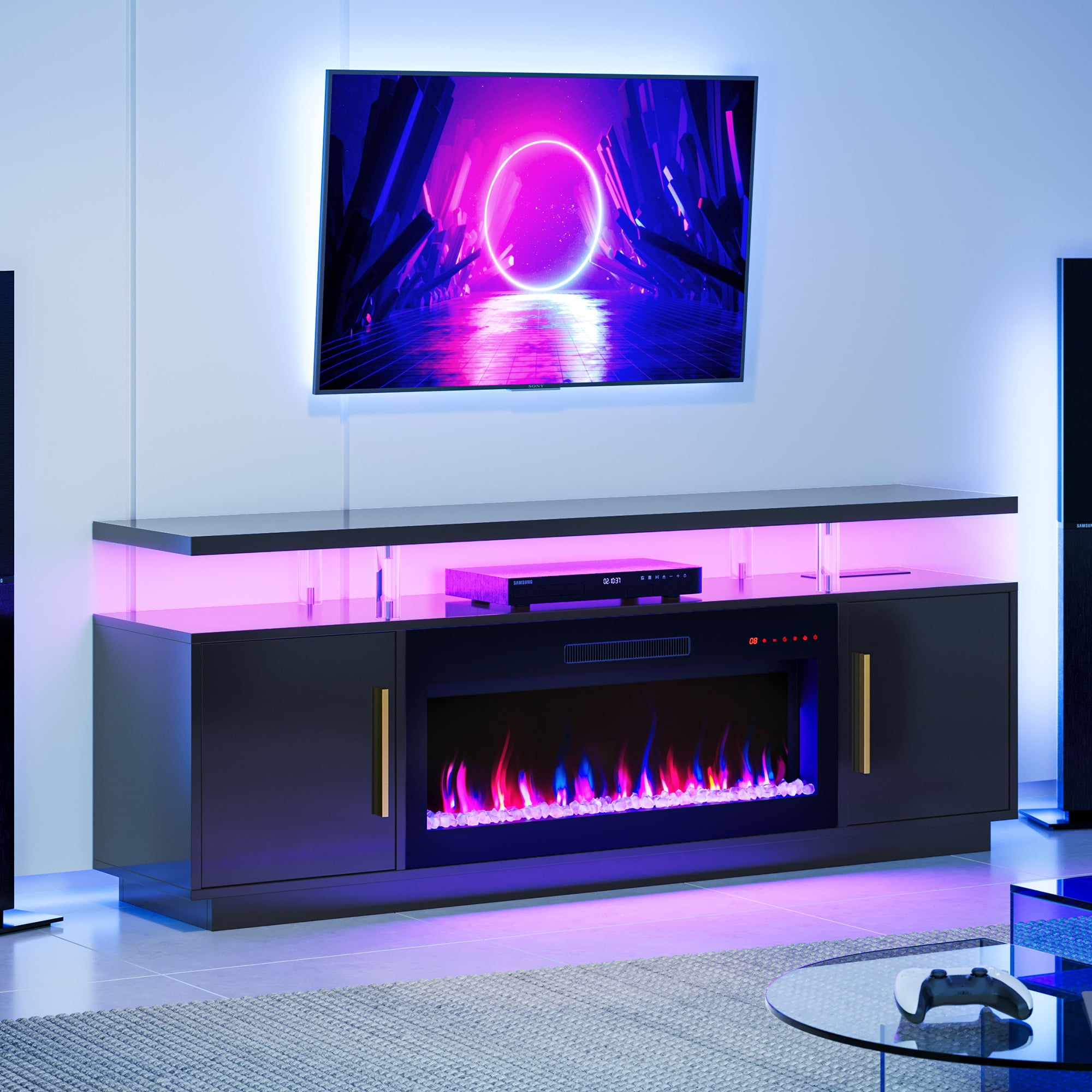 BELLEZE 70" TV Stand for TVs up to 75", LED Light Entertainment Center with 36" Electric Fireplace, Storage Cabinet with USB AC Outlet, Media Console Table for Living Room - Avenue (Black)
