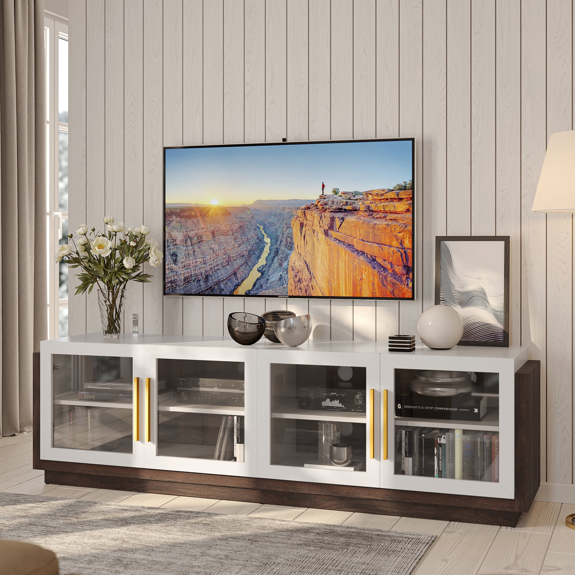 BELLEZE 70" TV Stand for TVs up to 75", Modern TV Stand & Entertainment Center with Shelves, Wood Storage Cabinet for Living Room or Bedroom - Brixston (White)