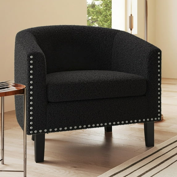 BELLEZE Accent Barrel Chair, Modern Tub Club Chair Upholstered Armchair for Living Room, Accent Chair with Silver Nail Head Trim Black Legs - Kyara (Black/Polyester)