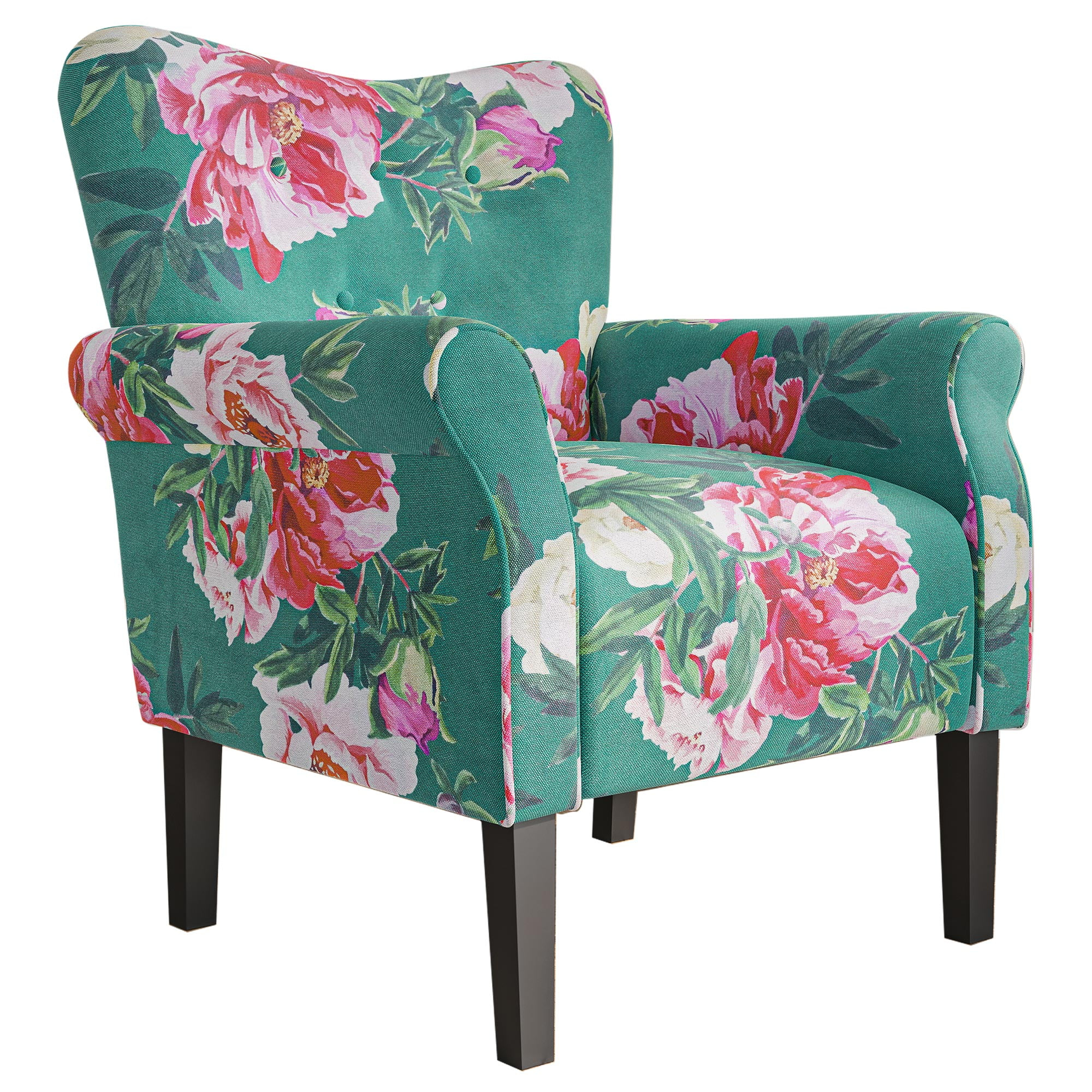 BELLEZE Modern Accent Chair for Living Room, High Back Linen Armchair with Wooden Legs, Upholstered Wingback Side Chair Padded Armrest Single Sofa for Living Room, Bedroom - Allston (Green & Flower)