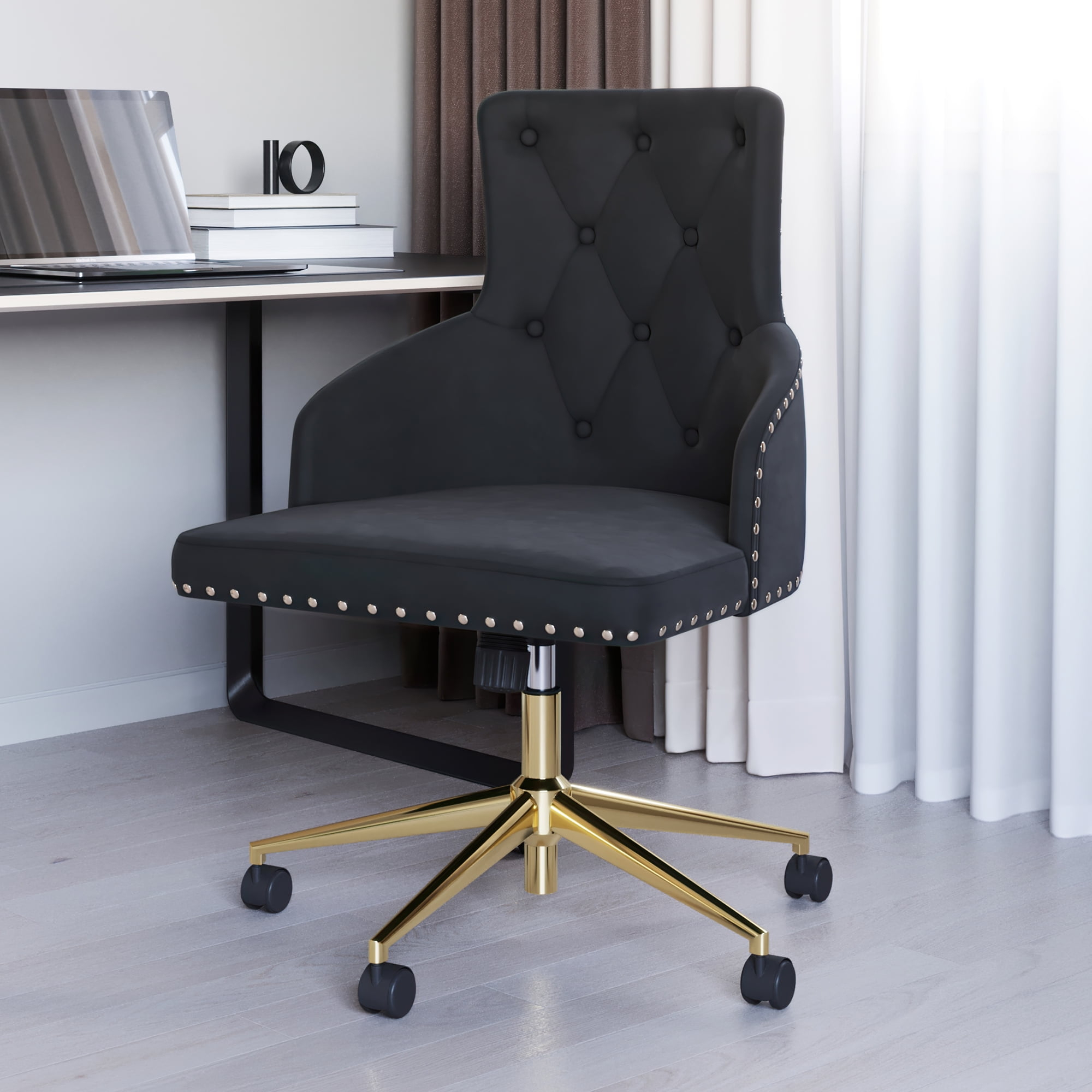 BELLEZE Belden Button-Tufted Upholstered Fabric Mid-Back Swivel Computer Desk Chair, Black & Gold