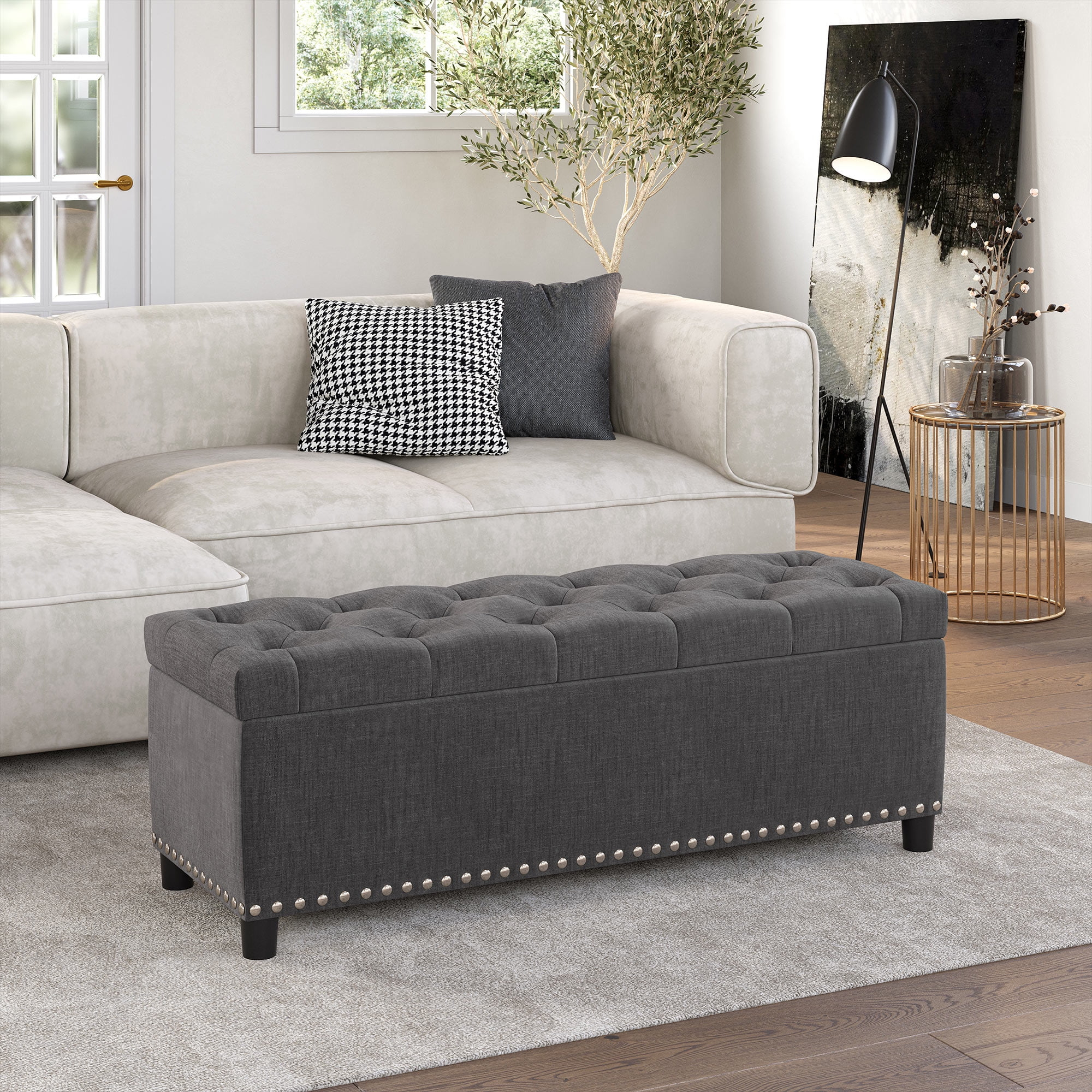 BELLEZE Button-Tufted Linen Storage Ottoman Bench - Brentwood (Dark Gray)