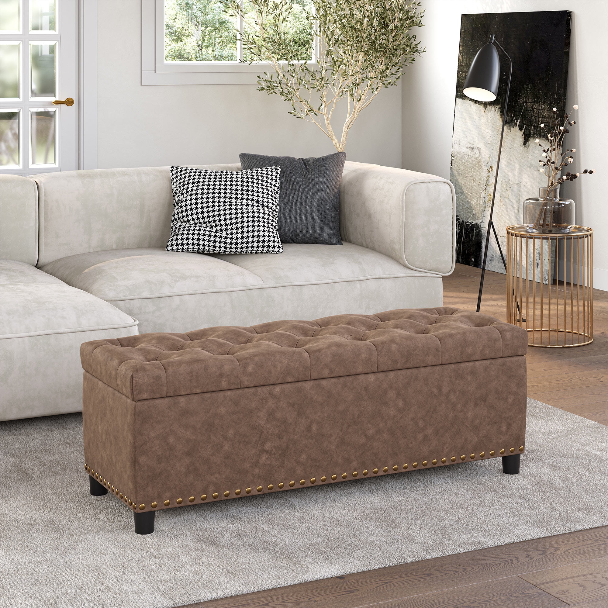 BELLEZE Button-Tufted Faux Leather Storage Ottoman Bench - Brentwood (Rustic Brown)