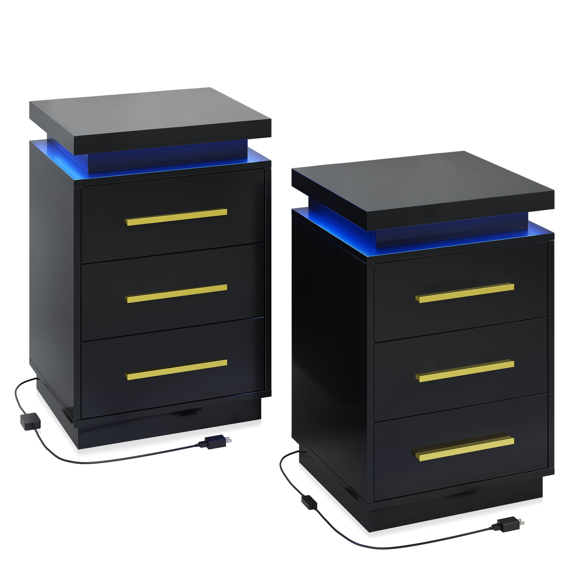 BELLEZE End Tables Set of 2, Nightstands Beside Tables with RF Remote-Controlled LED Lights, Three Drawers, and Gold Metal Handles for Bedroom or Living Room - Zoey (Black)