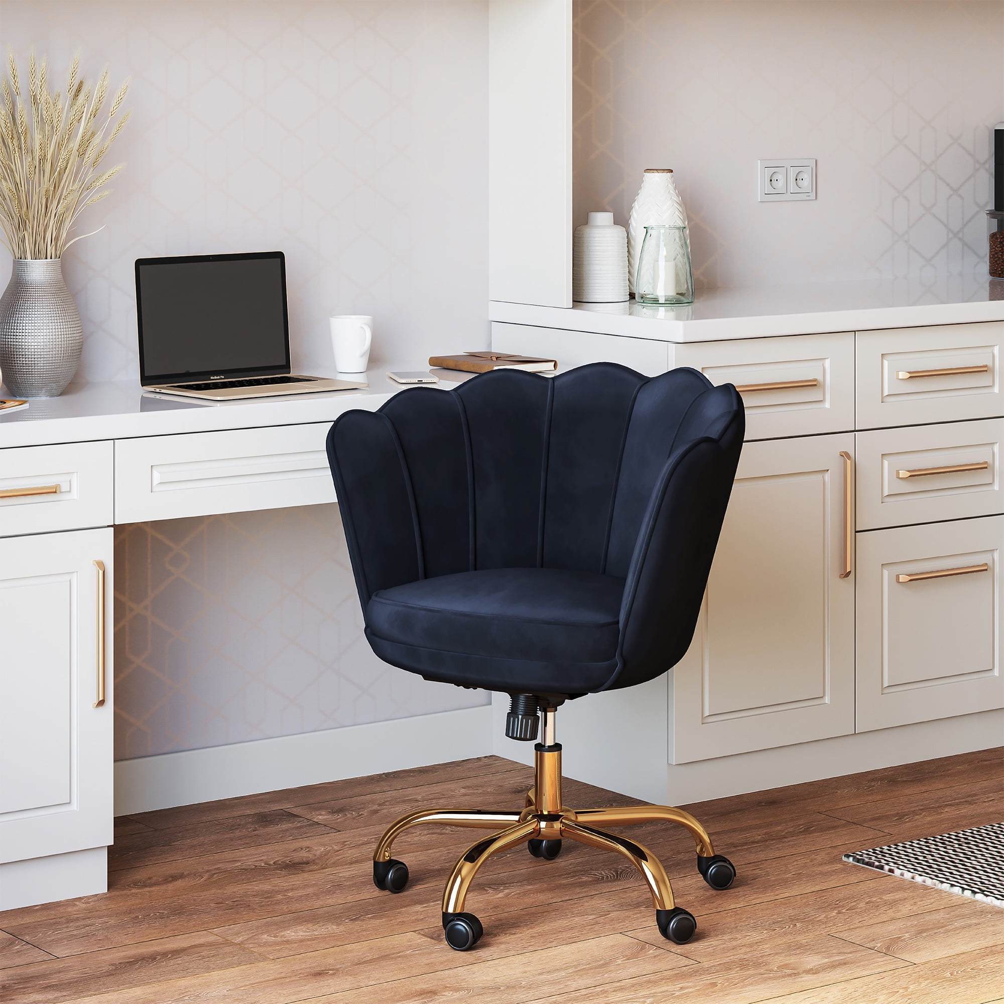 BELLEZE Kaylee Office Chair Upholstered Velvet Seashell Swivel Desk Chair Task Chair Height Adjustable Golden Leg, Black