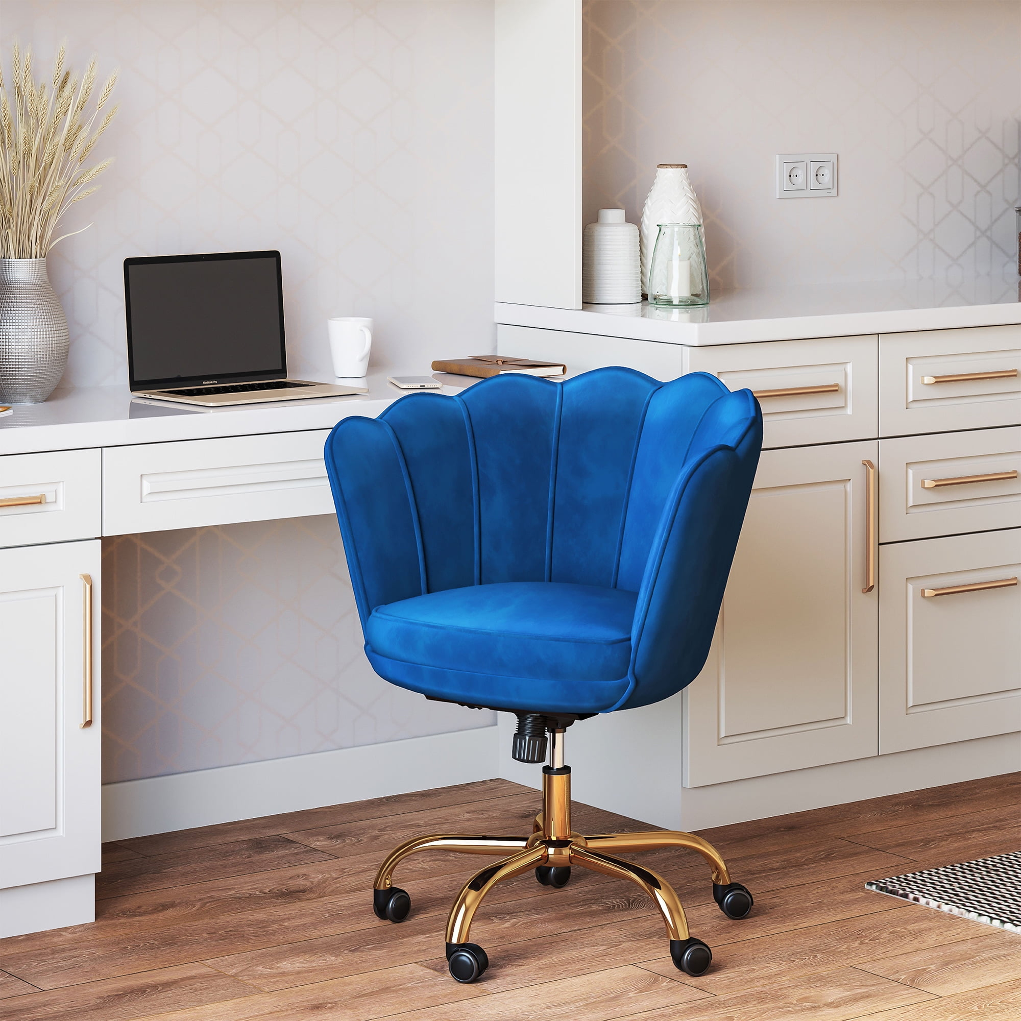 BELLEZE Kaylee Office Chair Upholstered Velvet Seashell Swivel Desk Chair Task Chair Height Adjustable Golden Leg, Blue