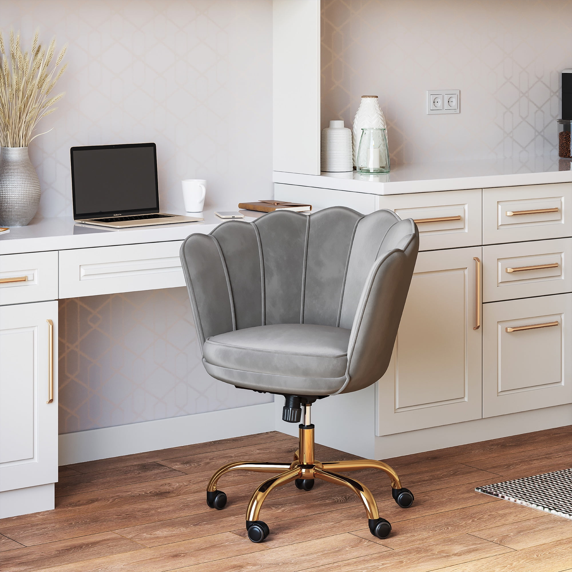 BELLEZE Kaylee Office Chair Upholstered Velvet Seashell Swivel Desk Chair Task Chair Height Adjustable Golden Leg, Gray