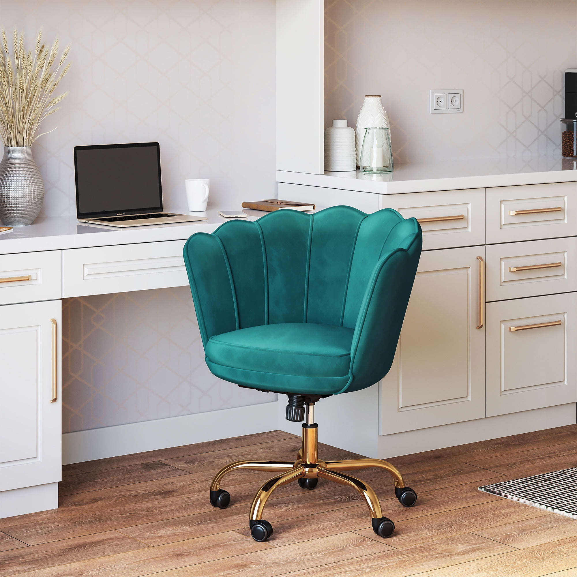 BELLEZE Kaylee Office Chair Upholstered Velvet Seashell Swivel Desk Chair Task Chair Height Adjustable Golden Leg, Green