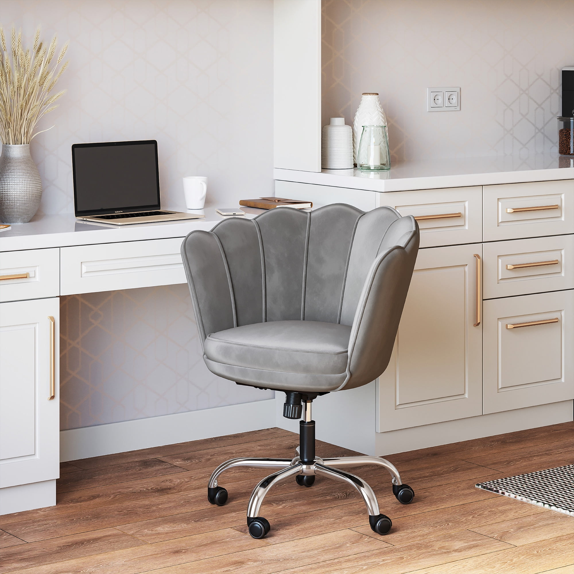 BELLEZE Kaylee Office Chair Upholstered Velvet Seashell Swivel Desk Chair Task Chair Height Adjustable, Gray