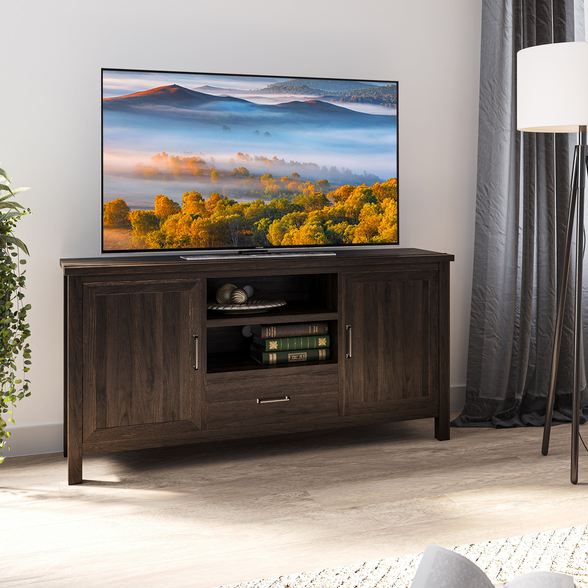 BELLEZE Modern 60 Inch Farmhouse TV Stand or Entertainment Center for TVs Up to 65 Inches, Sideboard Kitchen Buffet Storage Cabinet with Shelves and Storage - Virat (Dark Walnut)