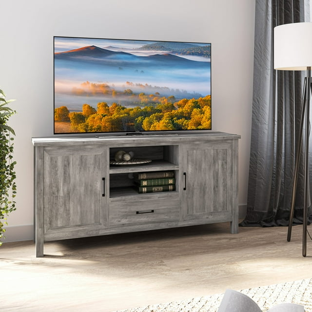 BELLEZE Modern 60 Inch Farmhouse TV Stand or Entertainment Center for TVs Up to 65 Inches, Sideboard Kitchen Buffet Storage Cabinet with Shelves and Storage - Virat (Gray Wash)