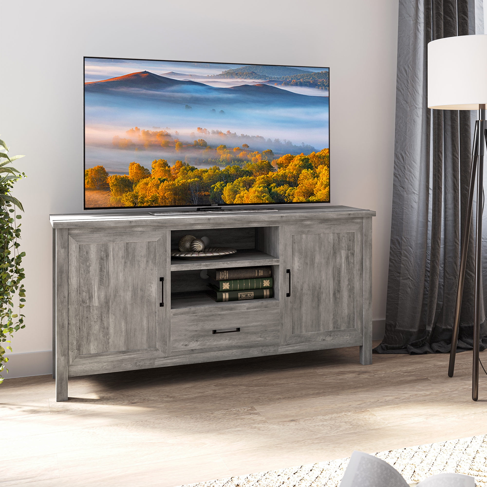 BELLEZE Modern 60 Inch Farmhouse TV Stand or Entertainment Center for TVs Up to 65 Inches, Sideboard Kitchen Buffet Storage Cabinet with Shelves and Storage - Virat (Gray Wash)