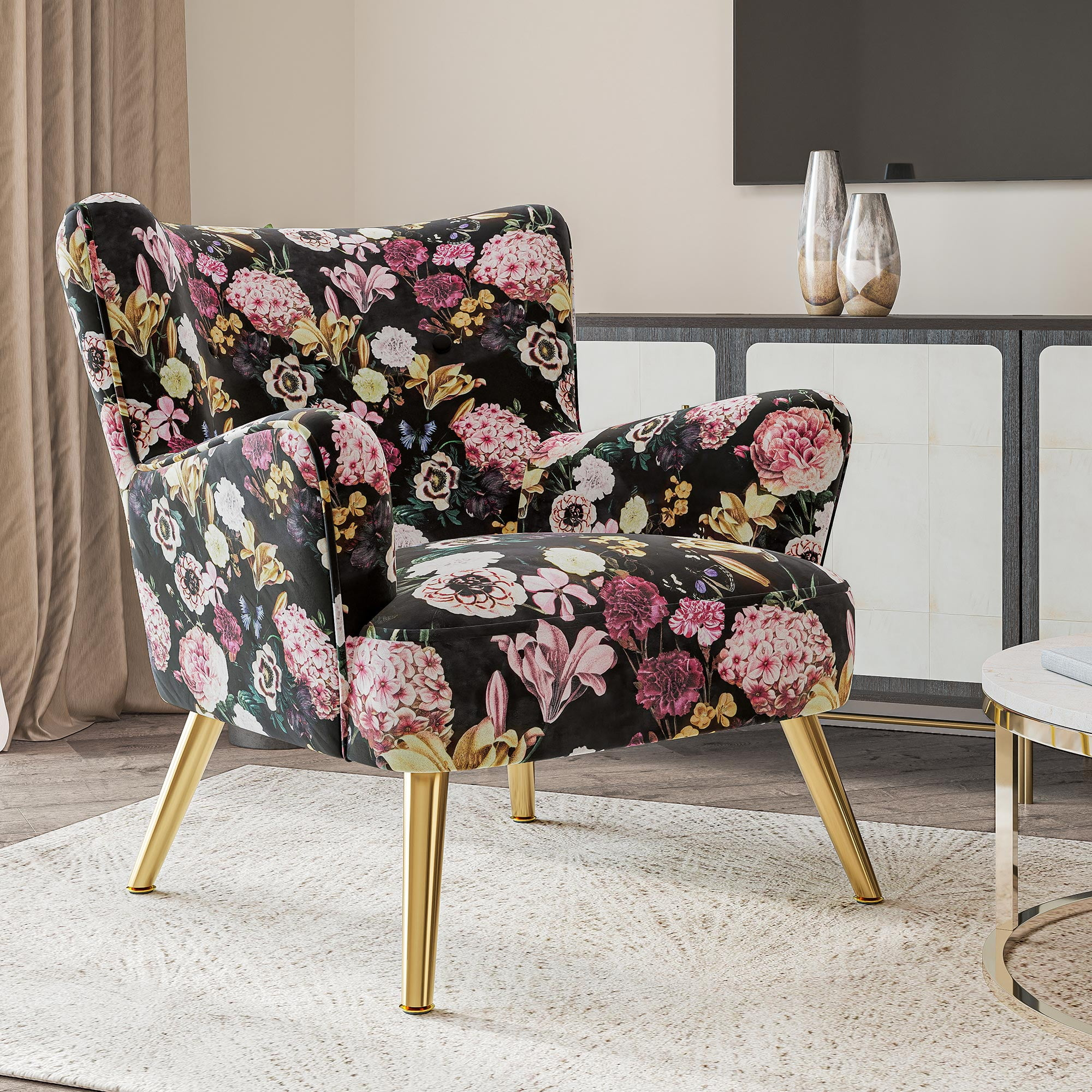 BELLEZE Silla Decorativa Moderna, Sillón con Estampado Floral y Respaldo Alto con Patas de Metal, Silla Individual Tapizada con Respaldo para Sala de Estar, Dormitorio, Oficina - Holanda (Estampado de Flores)