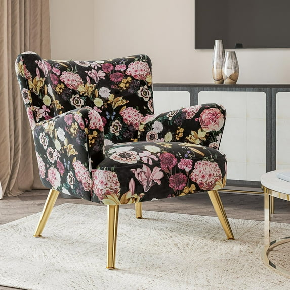 BELLEZE Silla Decorativa Moderna, Sillón con Estampado Floral y Respaldo Alto con Patas de Metal, Silla Individual Tapizada con Respaldo para Sala de Estar, Dormitorio, Oficina - Holanda (Estampado de Flores)
