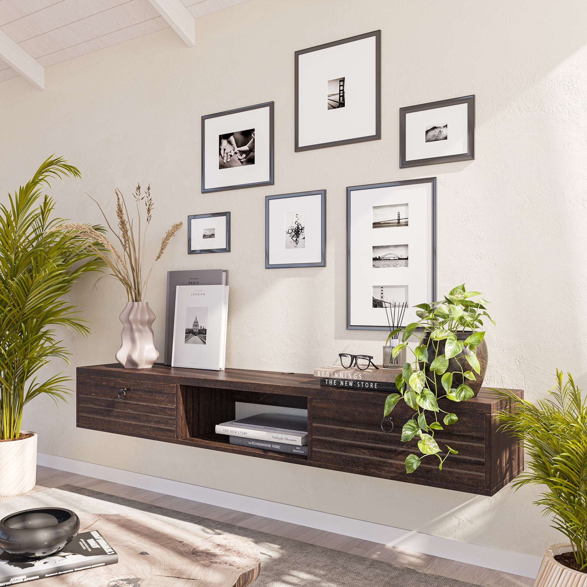 BELLEZE Modern Floating Wall Mounted 63 Inch TV Console With Built-In Shelf & Compartments, Space Saving Decorative Contemporary Media Storage, For Up To 100lbs - Langston (Espresso)