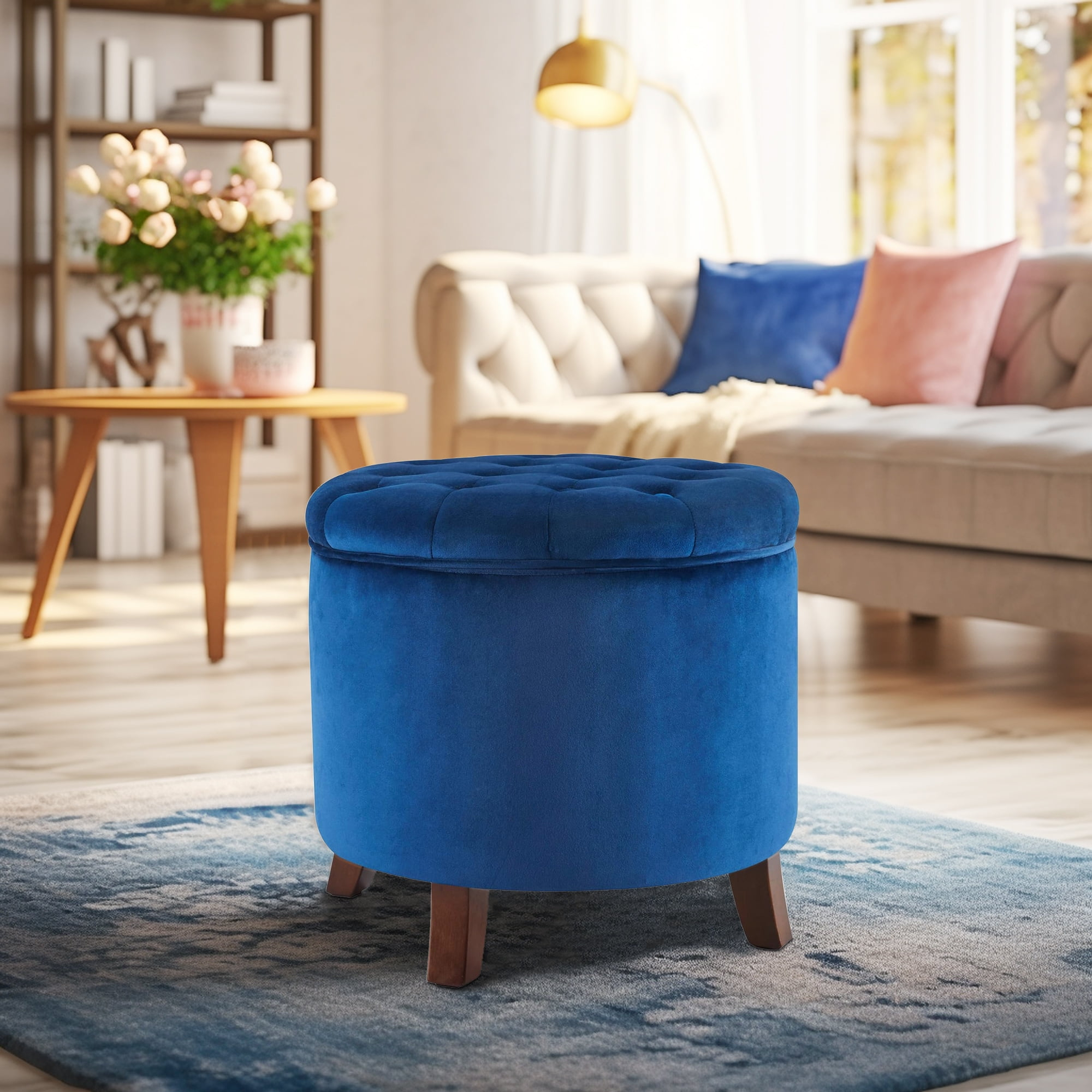 BELLEZE Nailhead Round Tufted Storage Ottoman Large Footrest Stool Coffee Table Lift Top, Navy Blue