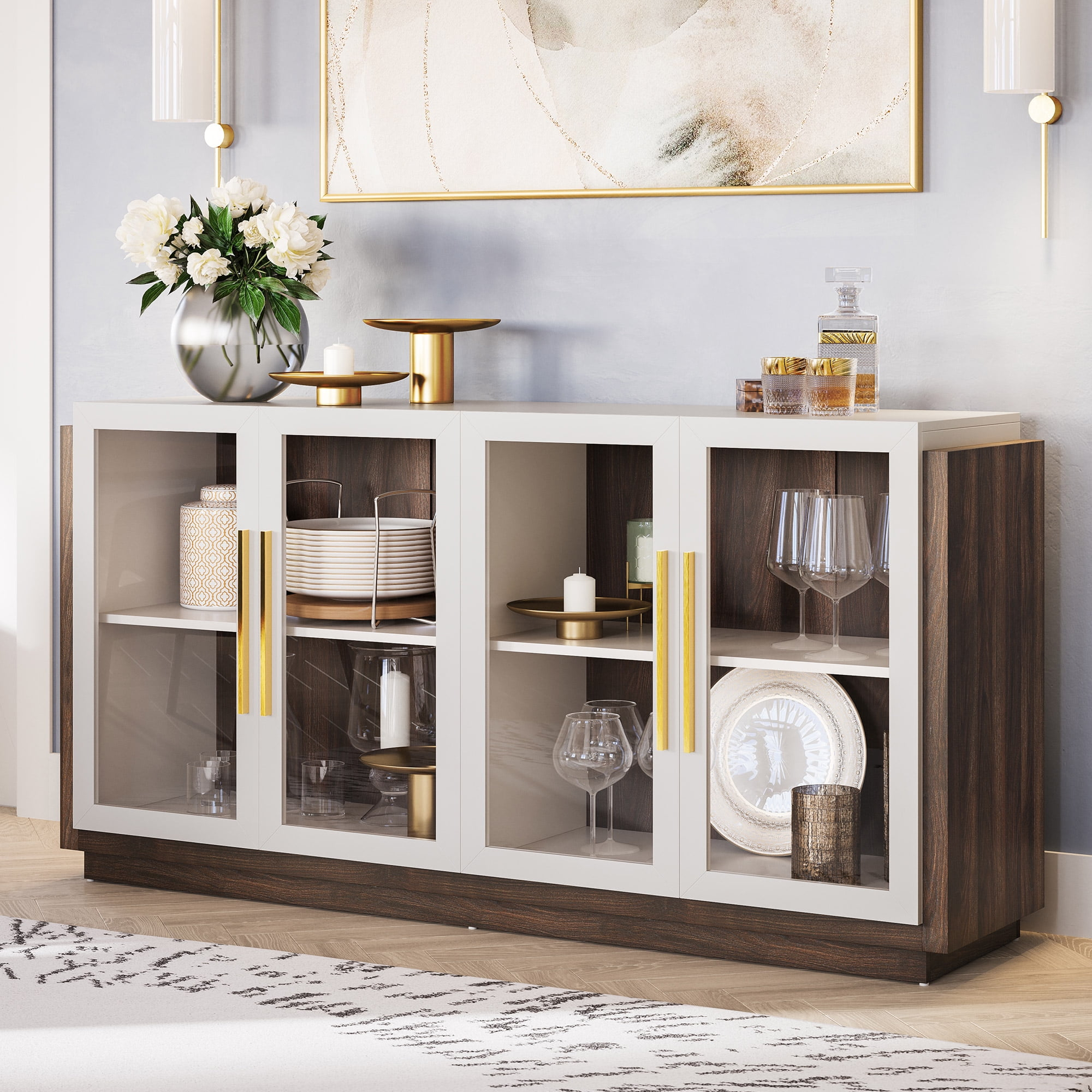 BELLEZE Sideboard Buffet Cabinet, Modern Wood Glass-Buffet-Sideboard with Storage, Console Table for Kitchen, Dinning Room, Living Room, Hallway, or Entrance - Brixston (White)