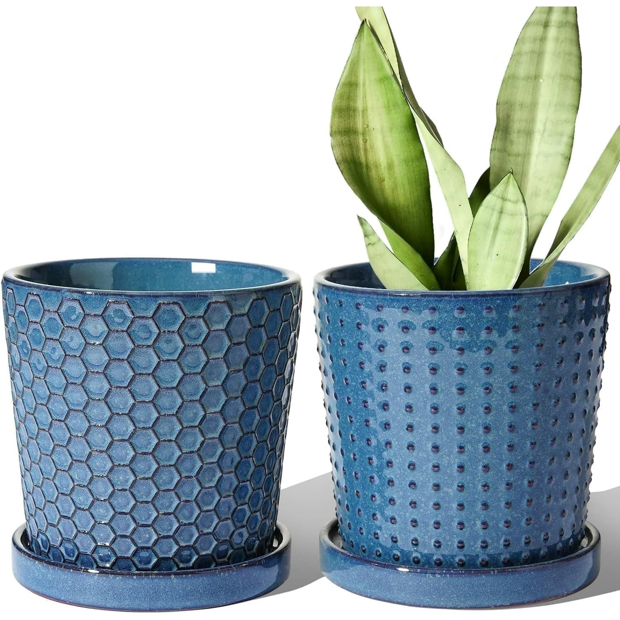 BEMAY 5.5" Plant Pots, Ceramic Indoor Planters with Drainage and Tray, Set of 2 Flower Pots for Succulent,Plants, Reactive Glaze Blue