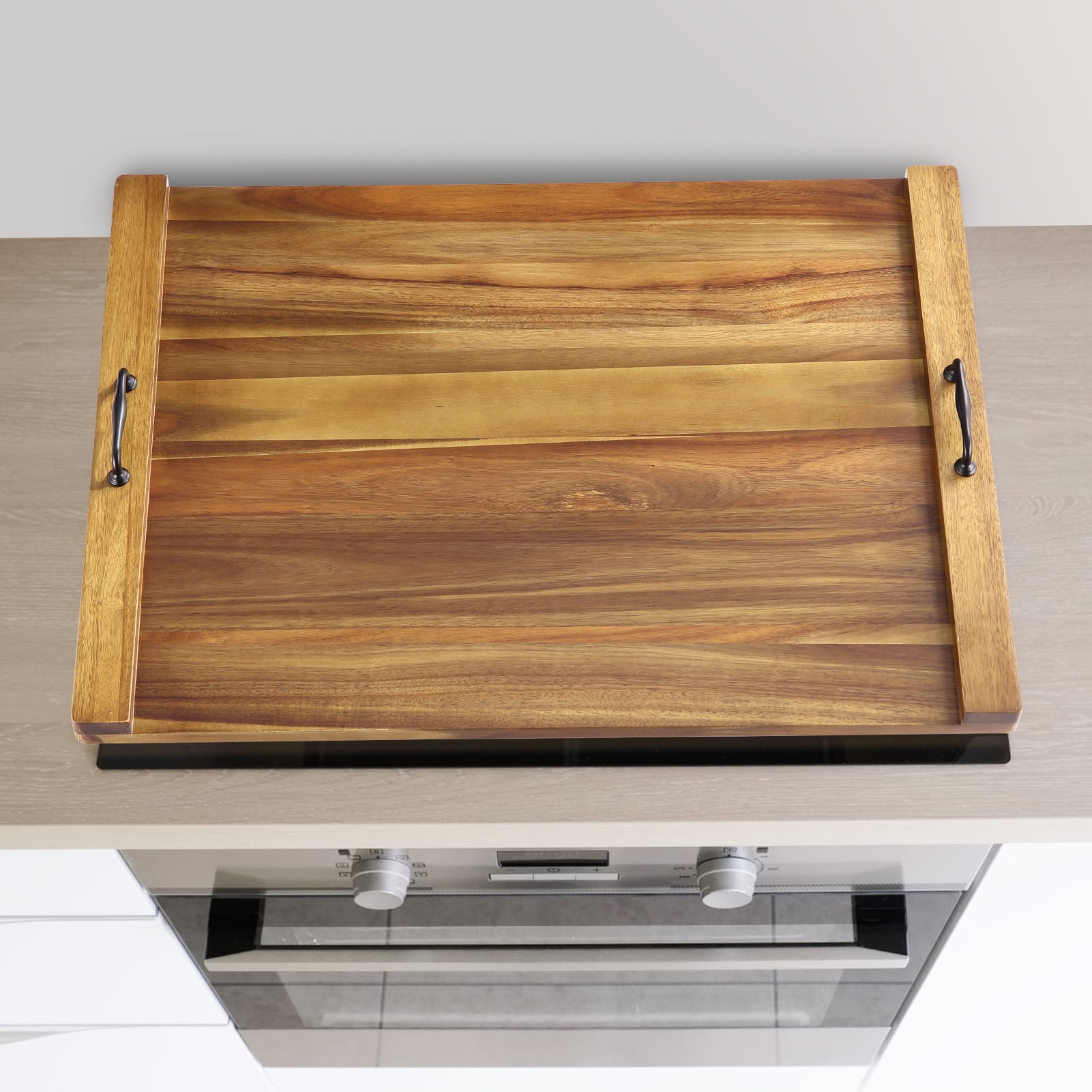 BENESKY Noodle Board Stove Cover, 30 x 22 Inch Acacia Wood Stove Top Cover Board with Handles, Farmhouse Gas Stove Top Cover Board Electric Stove Sink Cover RV Serving Tray