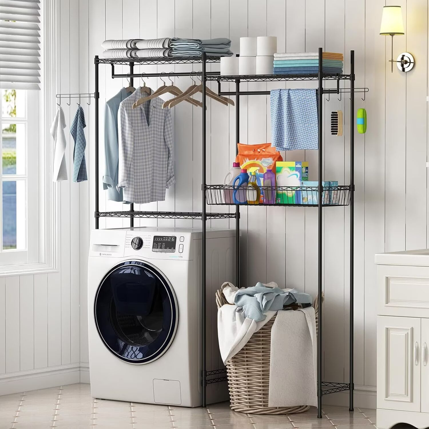 Kselythan Over Washer and Dryer Shelves,57.4" W Heavy Duty Laundry Room Storage Organization Clothes Drying Rack,Height Adjustable Towel Racks with Hamper and Hooks,Space Saving Shelf