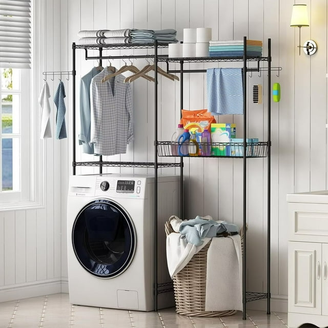 Kselythan Over Washer and Dryer Shelves,57.4" W Heavy Duty Laundry Room Storage Organization Clothes Drying Rack,Height Adjustable Towel Racks with Hamper and Hooks,Space Saving Shelf