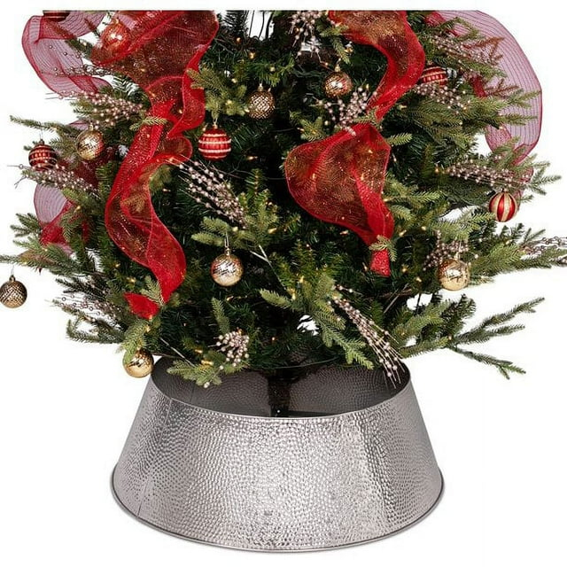 BIRDROCK HOME 4-Panel Christmas Tree Collar - Silver - Hammered