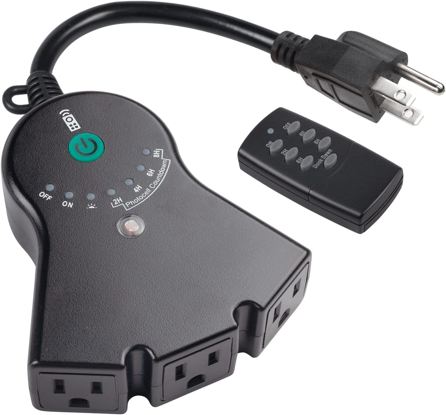 BN-LINK Outdoor 24-Hour Water Resistant Photoelectric Countdown Timer Photocell Light Sensor (2, 4, 6 or 8 Hours Countdown Mode) 3 Grounded Outlets Remote Control (100 ft Range) for Home and Garden