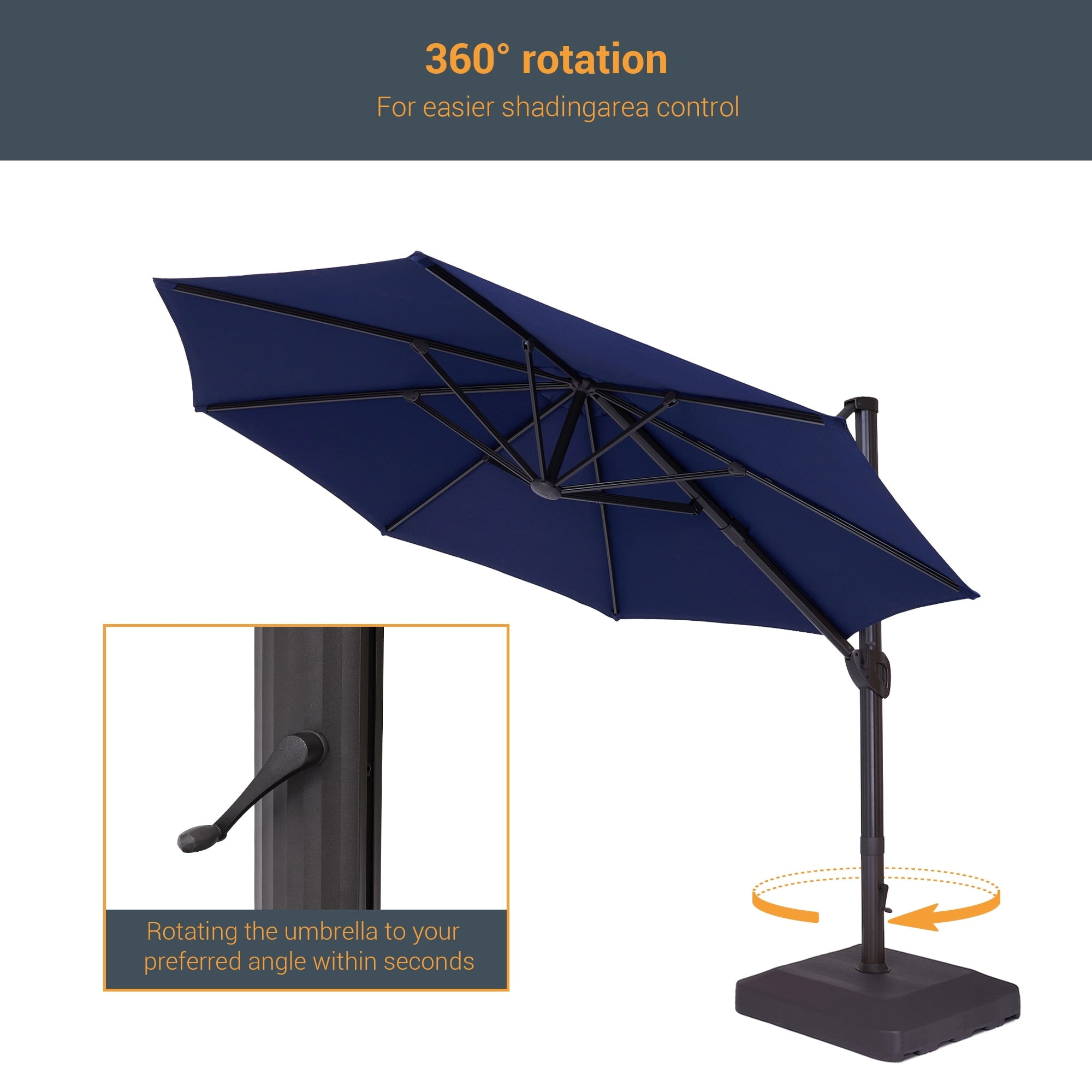 BONOSUKI  11-ft 360-degree Rotating Cantilever Patio Umbrella with Base Navy Blue