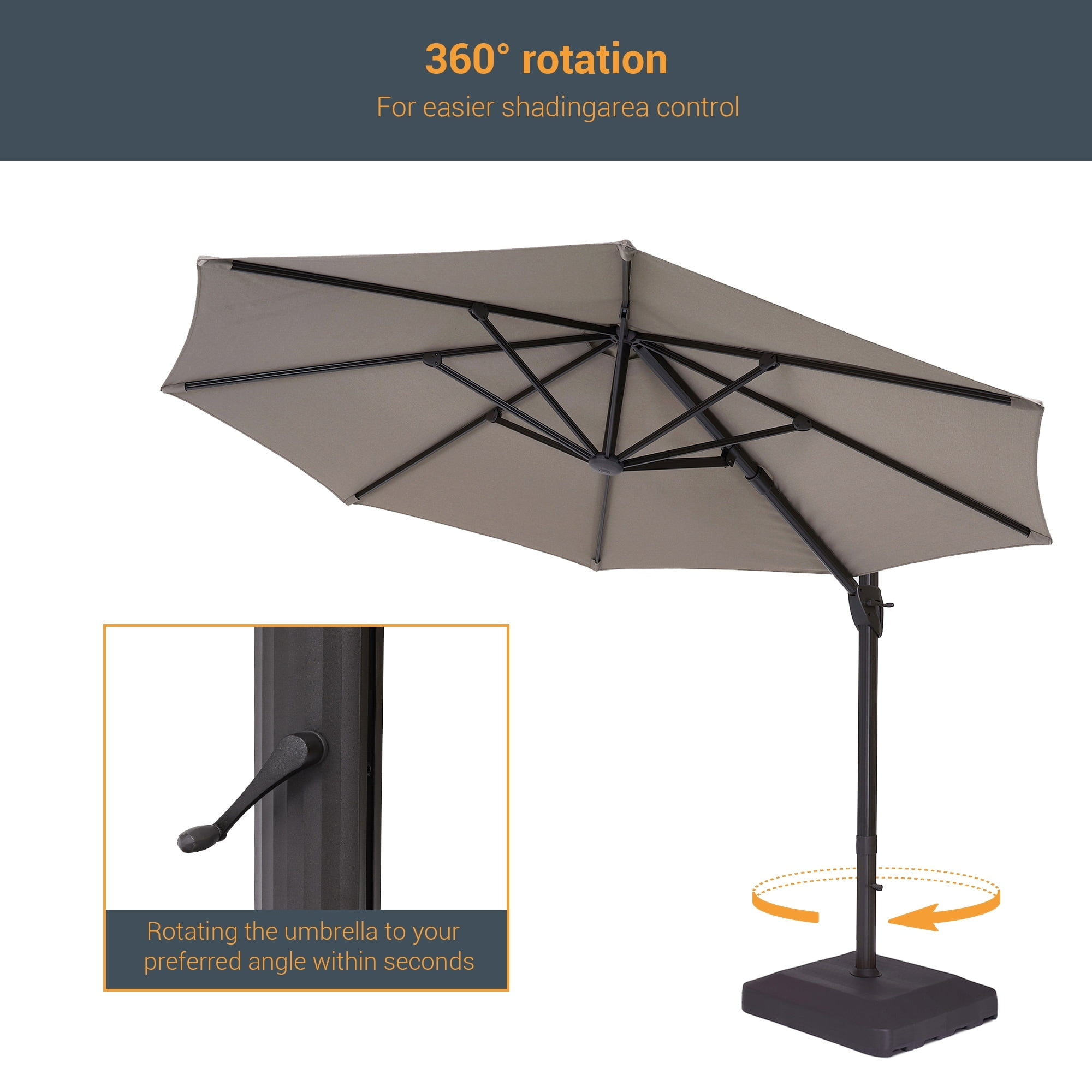 BONOSUKI  11-ft 360-degree Rotating Cantilever Patio Umbrella with Base Senior Ash