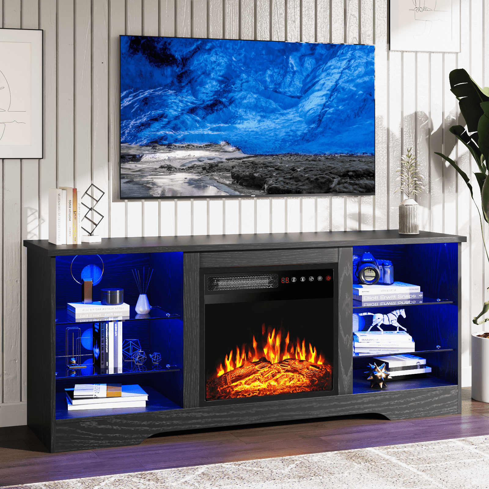 BOSSIN 58" Fireplace TV Stand for 65 inch TV Console with 18'' Electric Fireplace & Remote, Wooden Modern Entertainment Center for Living Room with LED Light Glass Shelves