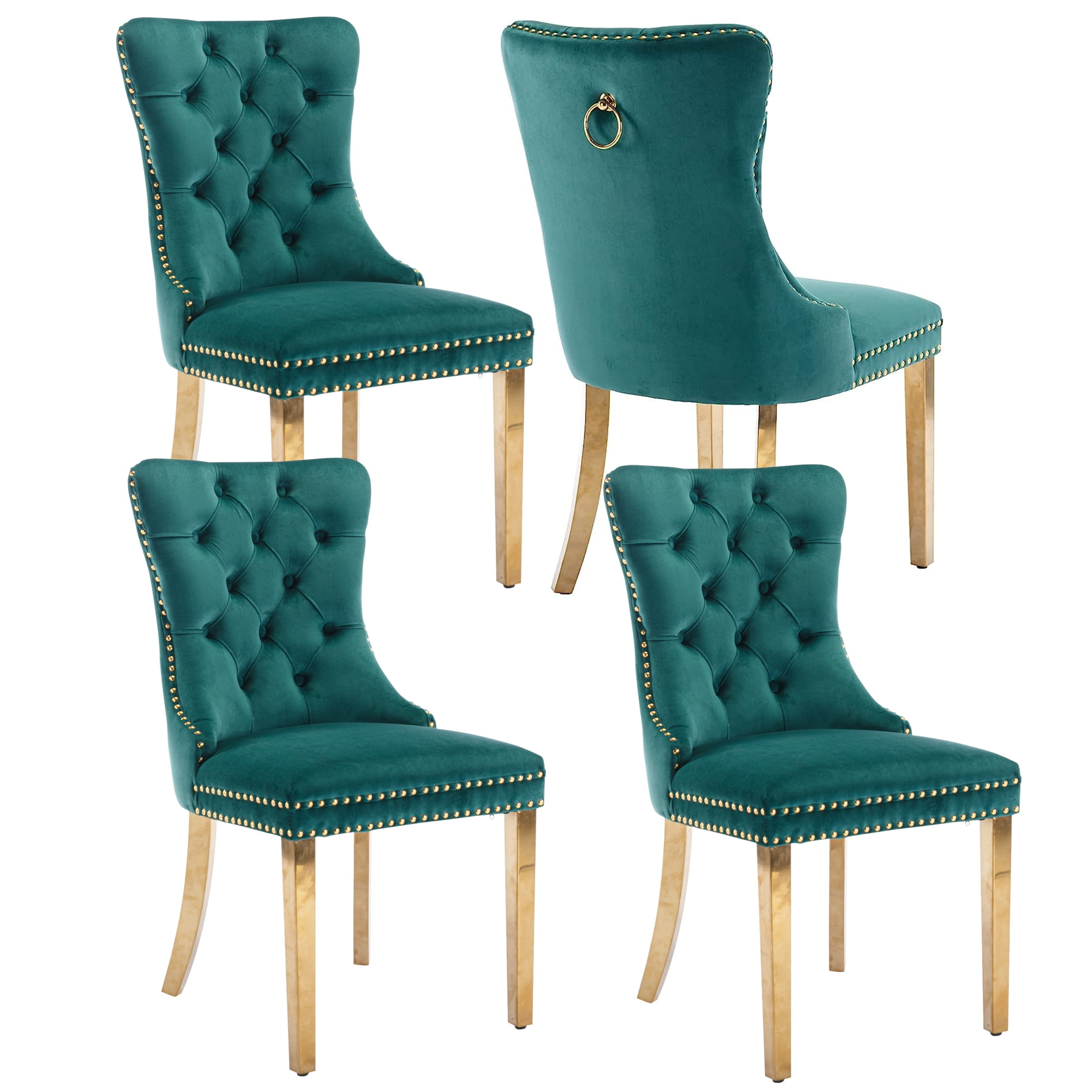 ODUSE-DAILY Green Velvet Dining Chairs Set of 4, Kitchen & Dining Room Chairs, Nailheads Tufted, Sillas De Comedor, Fabric Upholstered, Golden Metal Legs (Green, 4 Pcs)