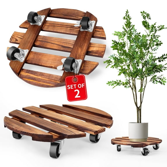 BUSATIA 2pack 12" Plant Caddy Plant Stand with Wheels,Rolling Plant Stand Heavy Duty Wooden Round Plant Dolly Rollers with 360°Metal Lockable Casters Indoor Outdoor Pot Plant Roller Base Caddies