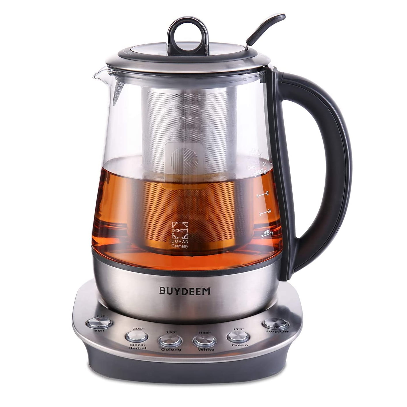 BUYDEEM Electric Tea Maker with Removable Infuser, Stainless Steel & German Schott Glass Kettle, Auto Keep Warm, 1.2L