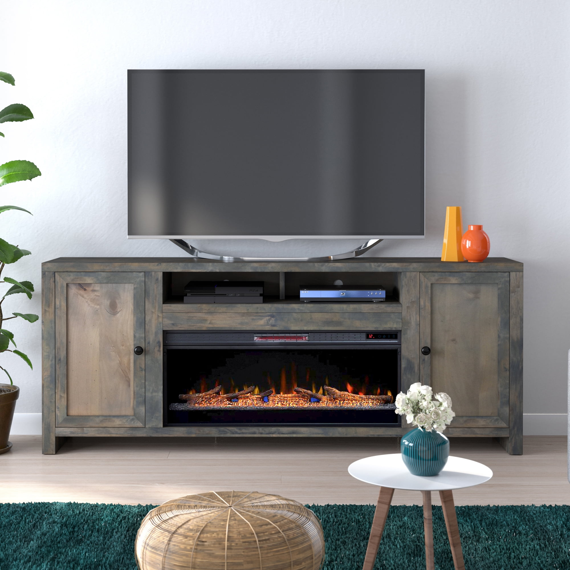 Bridgevine Home  Joshua Creek 83 inch Electric Fireplace TV Stand for TVs up to 95 inches, Barnwood Finish