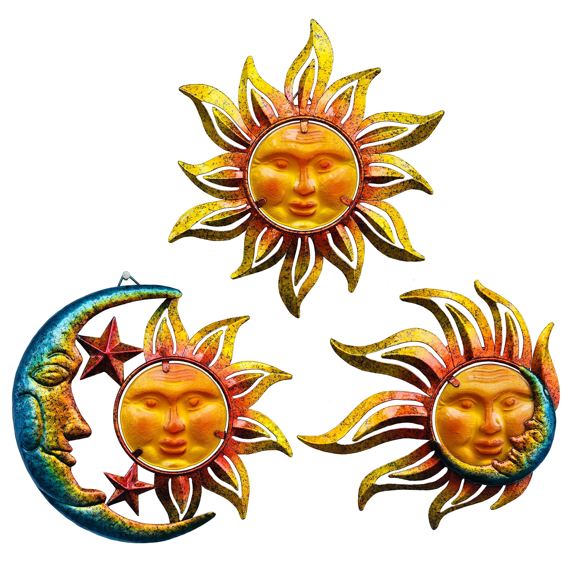 BVLFOOK Sun Face Metal Wall Art Decor Outdoor Indoor, Sun Moon Star, Metal & Glass Hanging Wall Patio Decorations for Outdoor Living Room Bedroom Garden Porch Fence Balcony, Set of 3, 9 inch Large