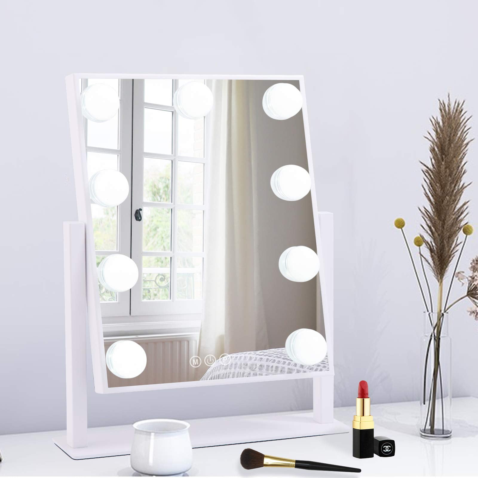 LinsCraft Lighted Makeup Mirror Hollywood Mirror Vanity Mirror With Lights, Touch Control Design 3 Colors Dimable LED Bulbs, Detachable 10X Magnification, 360°Rotation, (White) 12" L X 14" W