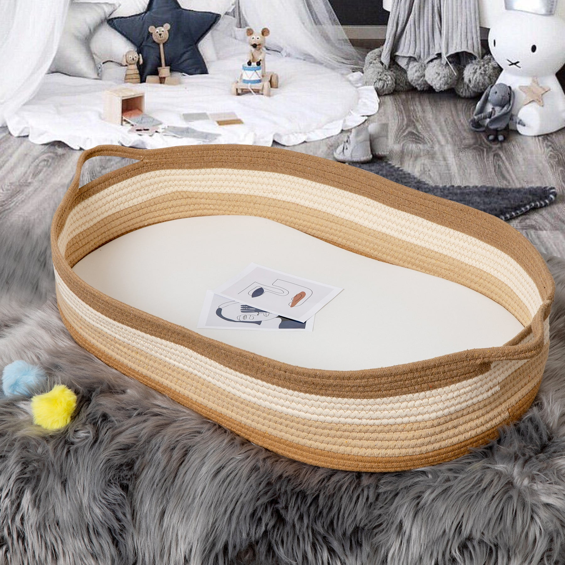 Baby Changing Basket in Boho Rainbow Color - Changing Table Topper and Thick Foam Pad with Removable Cotton Mattress Cover, 100% Cotton