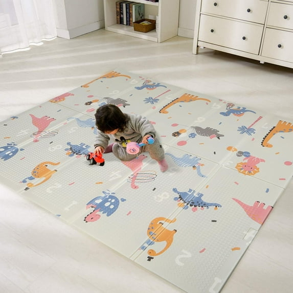 Bammax Waterproof Foam Padded Baby Play Mat with Dinosaurs & Safari Animals Design, Reversible & Foldable Floor Mat, 70” x 78”