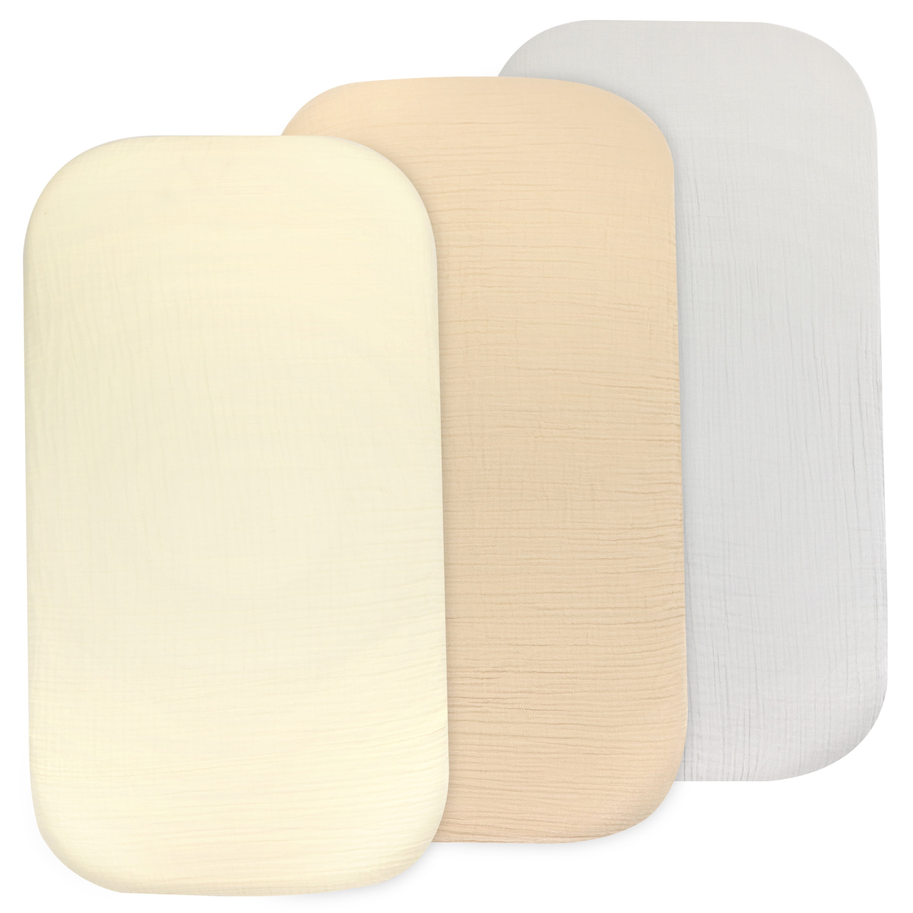 Baby Muslin Bassinet Sheet Set for Boy and Girl, 3 Pack Organic Cotton Universal Fitted Bedding Cover for Oval, Hourglass & Rectangle Bassinet Mattress, Fitted Sheets Size 32 x 16 x 4 Inches