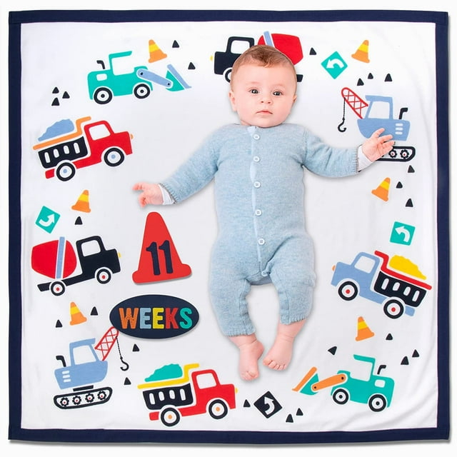 Baby Weekly, Monthly Milestone Blanket for Baby Boys and Girls with Month & Week Markers for Swaddling and Baby Photo Props (Baby Builder)