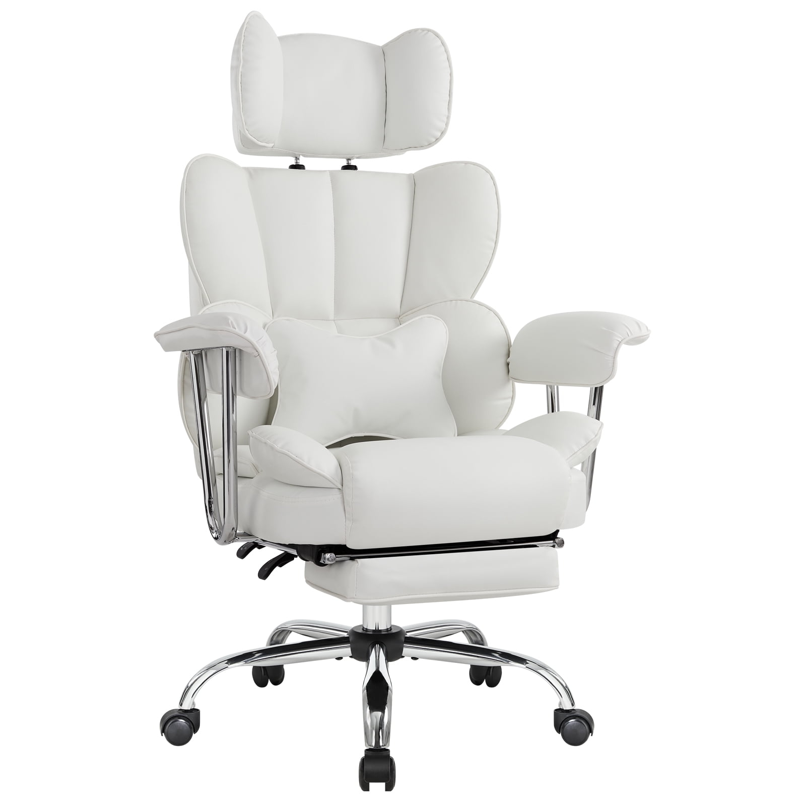 Back PU Leather Office Chair, Big and Tall Executive Desk Chair with Footrest & Lumbar Cushion, Lifting Headrest Ergonomic Computer Chair, Managerial Chair with Wide Seat & Armrests,White